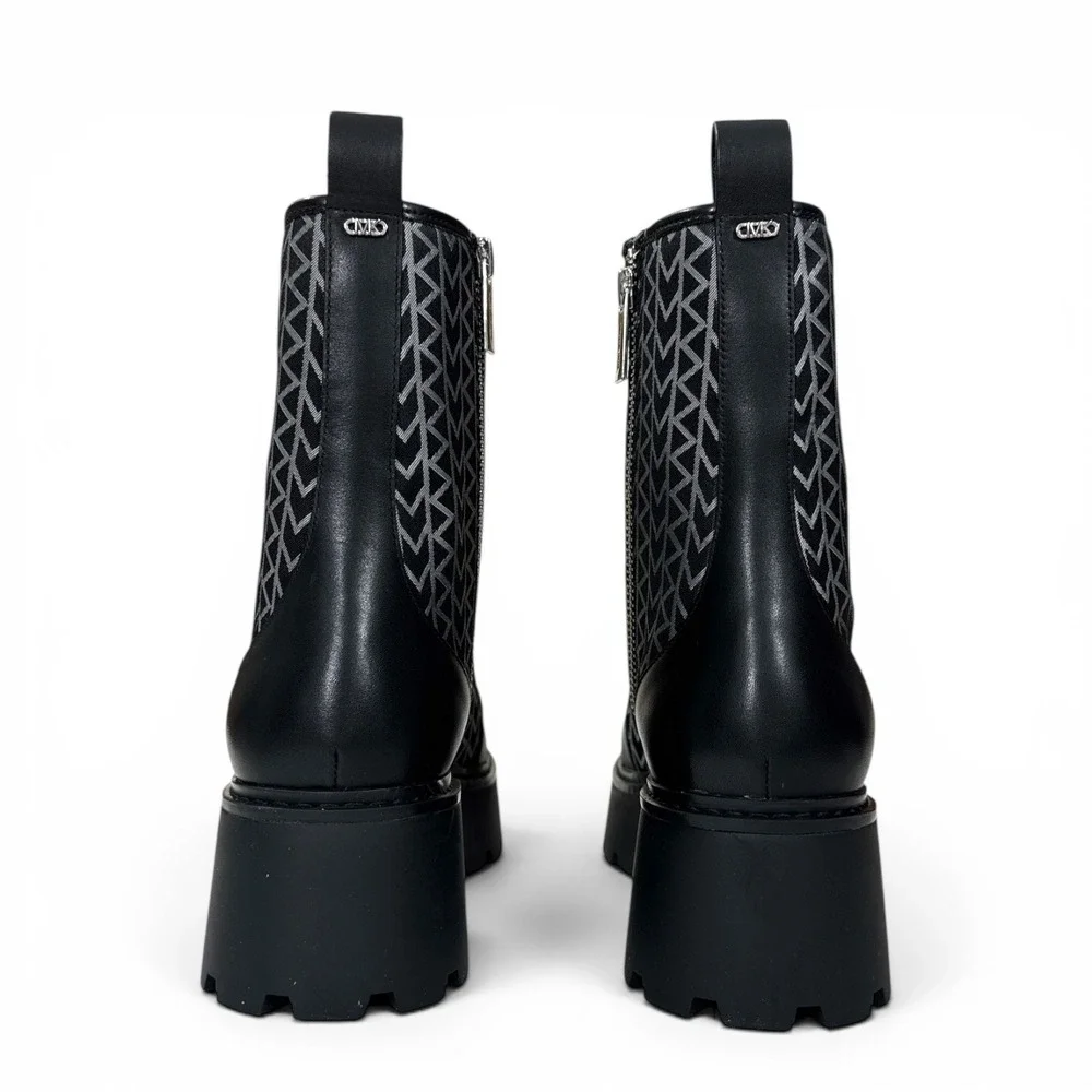Michael Kors Blake Logo Jacquard Leather Lace Up Combat Boots Black Wm 6.5 NIB